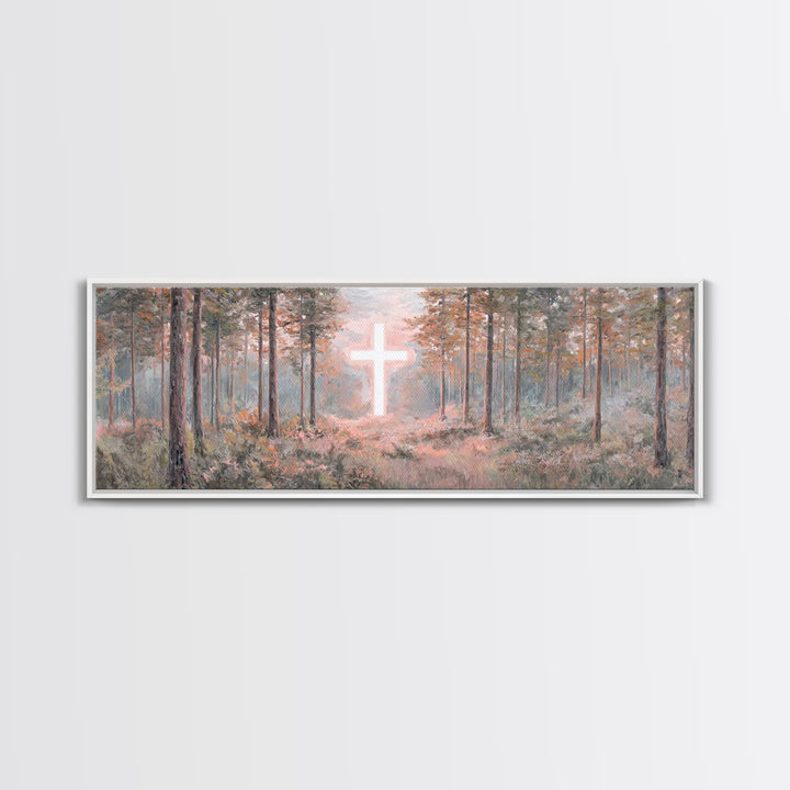 Forest Cross Light, Framed Canvas Print, Panoramic Wall Art, Christian Wall Art, Jesus Painting, Christian Canvas, Christian Art, Faith Art