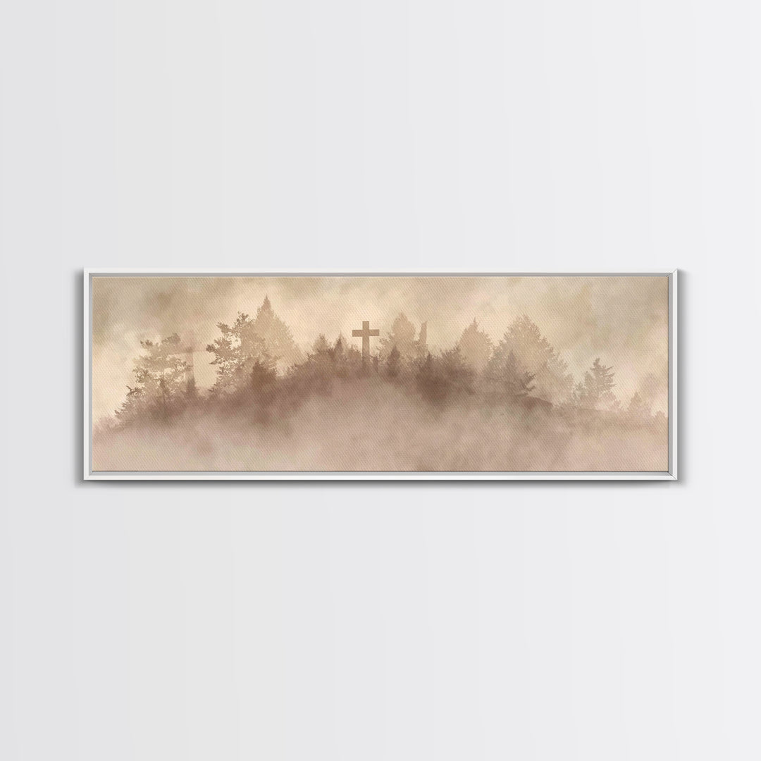 Silent Summit Cross - Framed Canvas Print - Panoramic Art - Christian Wall Art - Christian Art Canvas - Jesus Painting - Christian Christma