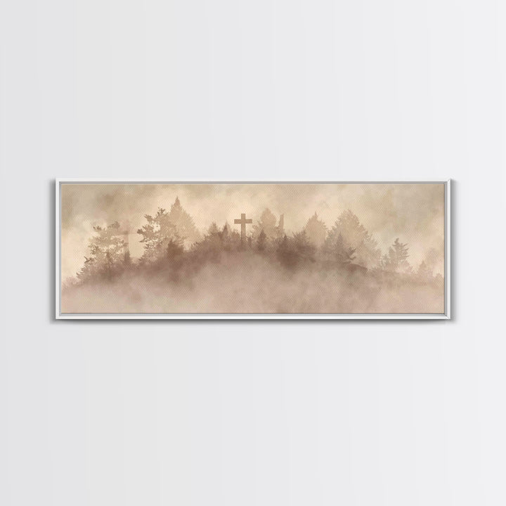 Silent Summit Cross - Framed Canvas Print - Panoramic Art - Christian Wall Art - Christian Art Canvas - Jesus Painting - Christian Christma
