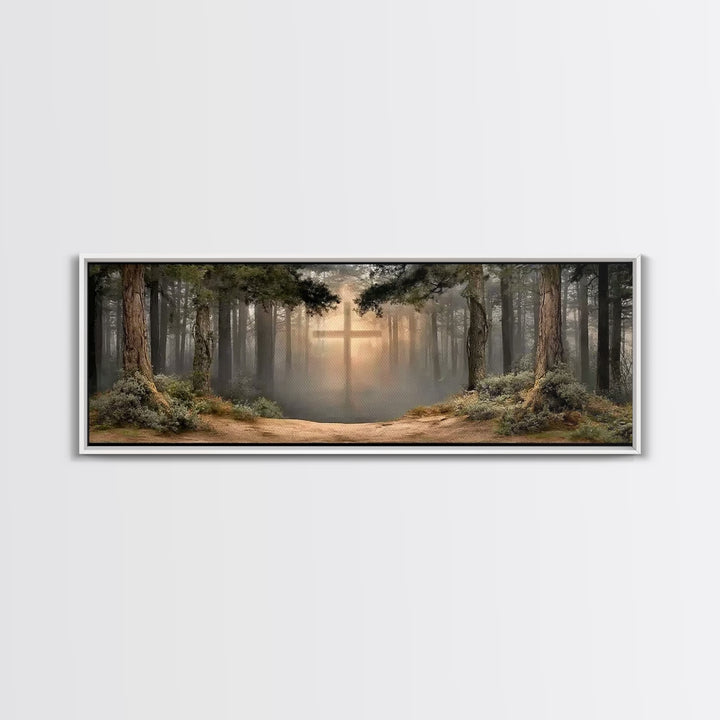 Heavenly Forest Glow, Framed Canvas Print, Panoramic Painting, Christian Wall Art, Christian Canvas, Jesus Painting, Modern Christian Art