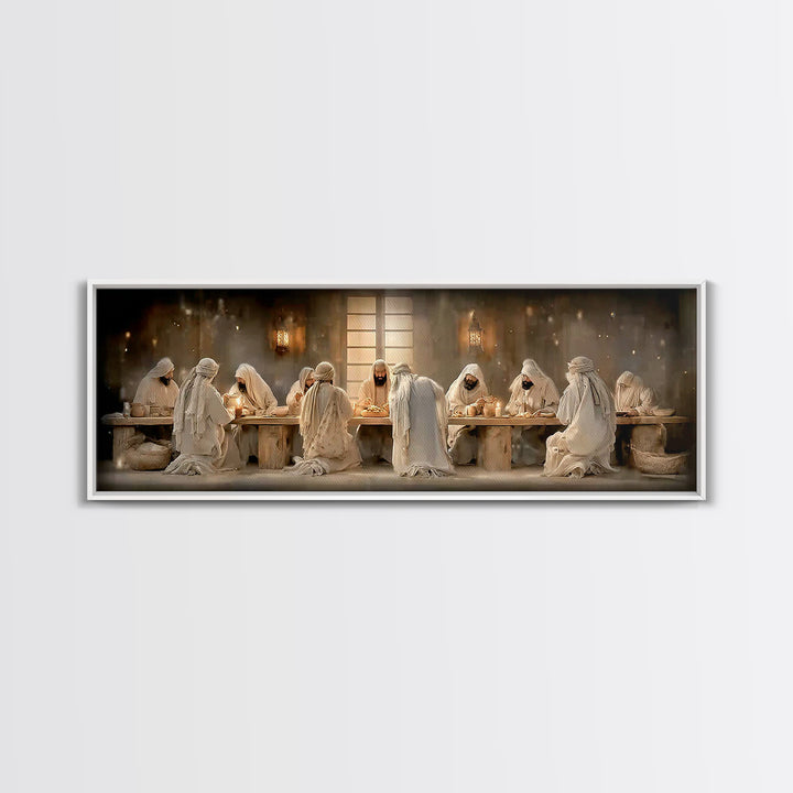 Lantern Lit Gathering | Framed Canvas Print | Panoramic Painting | Christian Wall Art | Jesus Canvas Art | Christian Christmas Art | Christ
