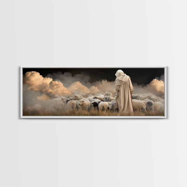 Guardian Of Flock – Framed Canvas Print – Panoramic Art – Jesus Canvas Art – Christian Wall Art – Christian Christmas Decor – Christian Pai