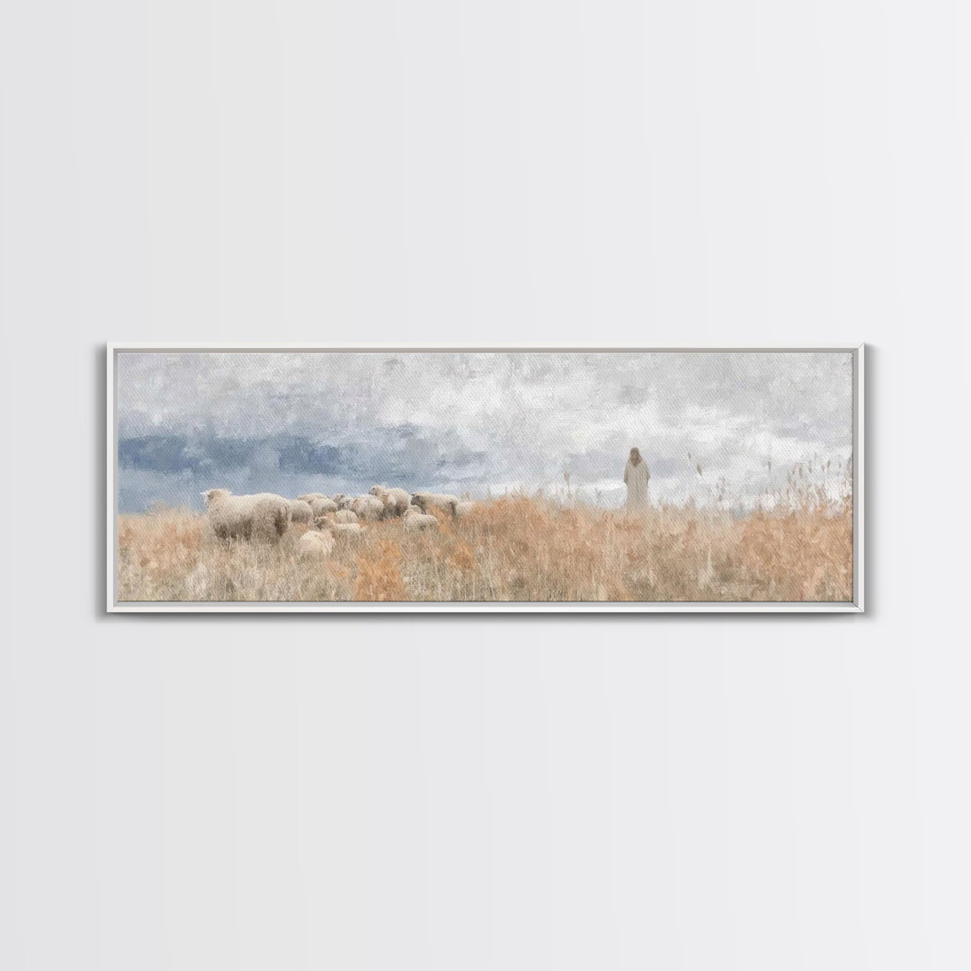 Shoreline Shepherd Dawn | Framed Canvas Print | Panoramic Frame | Christian Art Canvas | Jesus Painting | Christian Wall Art | Subtle Chris