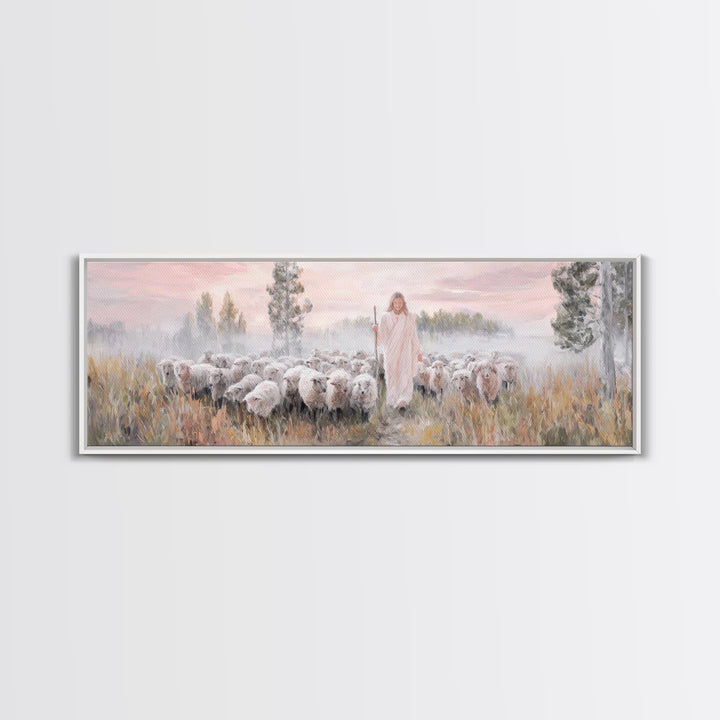 Radiant Shepherd Light, Framed Canvas Print, Panoramic Wall Art, Jesus Canvas Art, Christian Art, Christian Christmas Art, Modern Christian