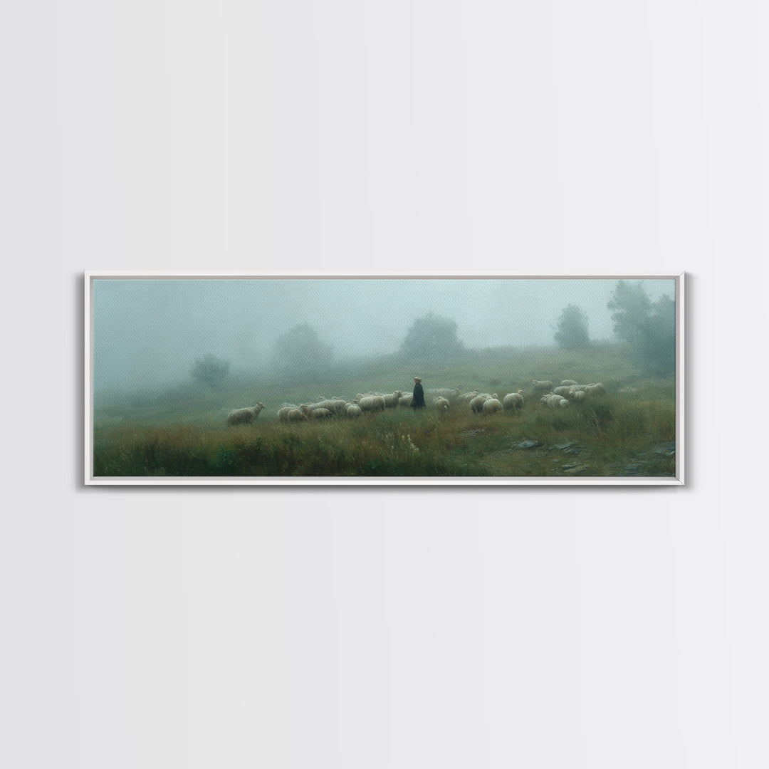 Shepherds In Mist | Framed Canvas Print | Panoramic Art | Christian Wall Art | Christian Art Canvas | Jesus Painting | Subtle Christian Art