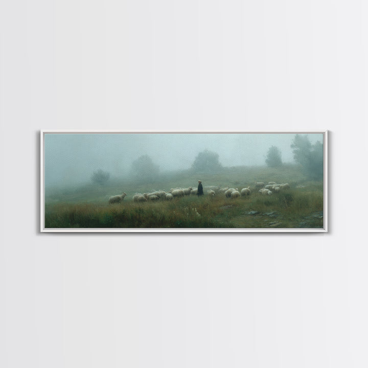 Shepherds In Mist | Framed Canvas Print | Panoramic Art | Christian Wall Art | Christian Art Canvas | Jesus Painting | Subtle Christian Art