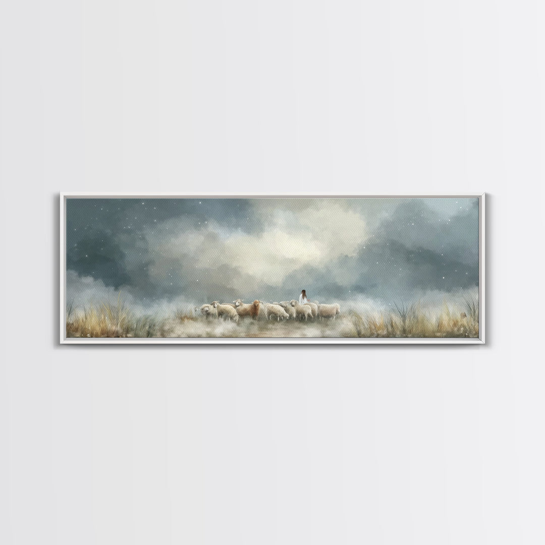 Starry Night Flock – Framed Canvas Print – Panoramic Wall Art – Christian Art Canvas – Christian Christmas Art – Jesus Painting – Christian