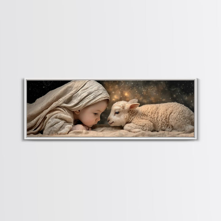 Little Lamb Blessing – Framed Canvas Print – Christian Painting – Panoramic Wall Art – Christmas Art – Christian Art Gift – Christian Decor