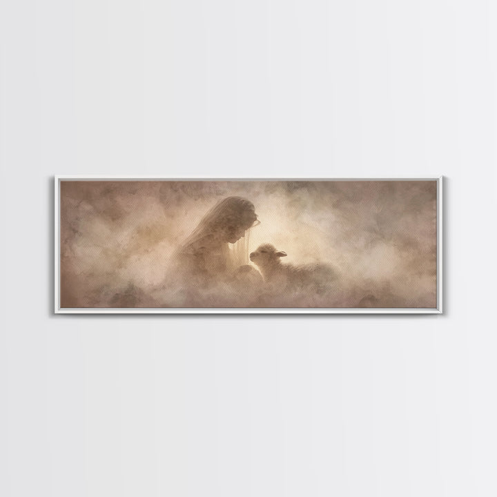 Sacred Embrace, Framed Canvas Print, Christian Christmas Art, Panoramic Painting, Christian Wall Art, Framed Christian Art, Christmas Art
