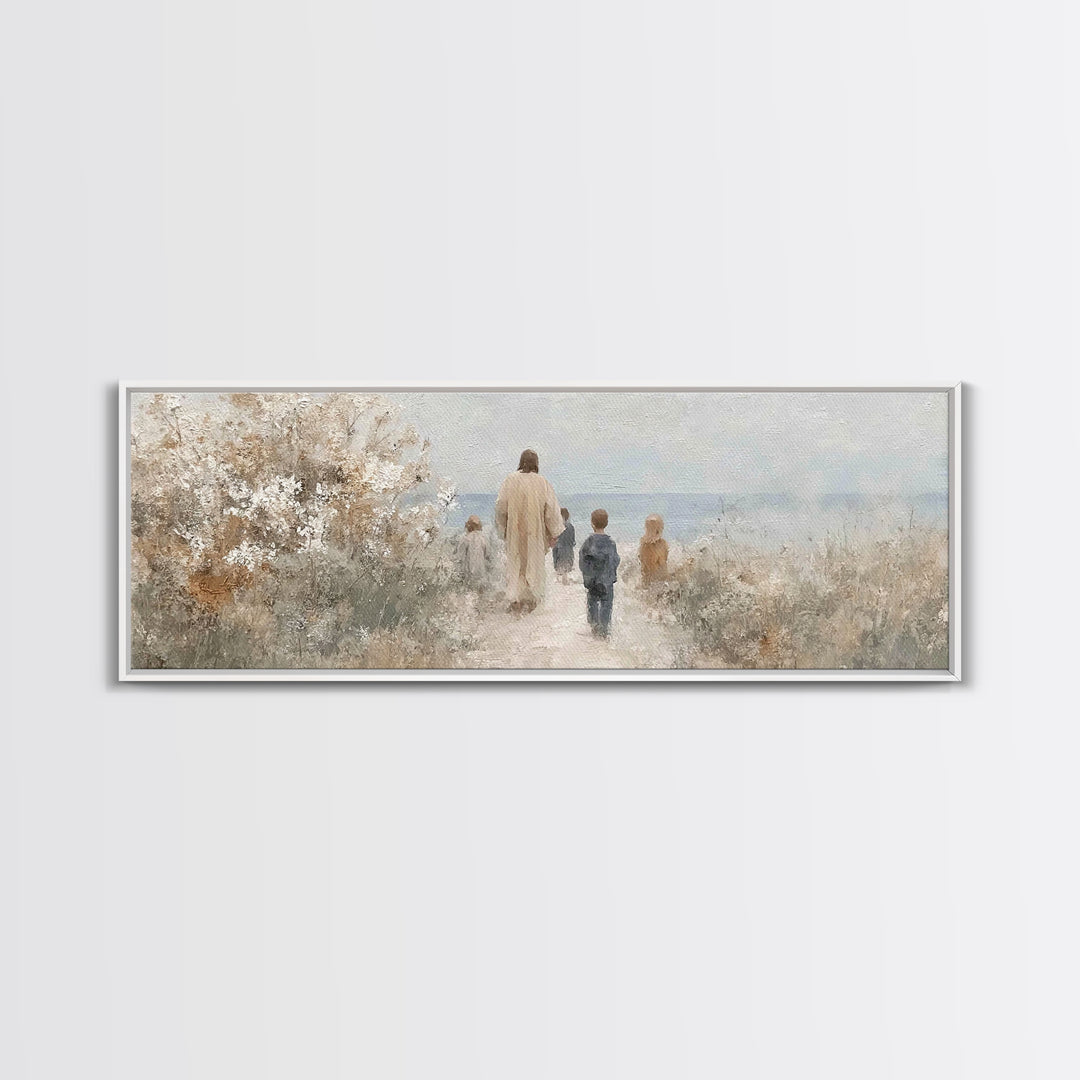 Silent Footsteps, Framed Canvas Print, Christian Art Canvas, Panoramic Painting, Jesus Wall Art, Christian Art Gift, Christmas Art