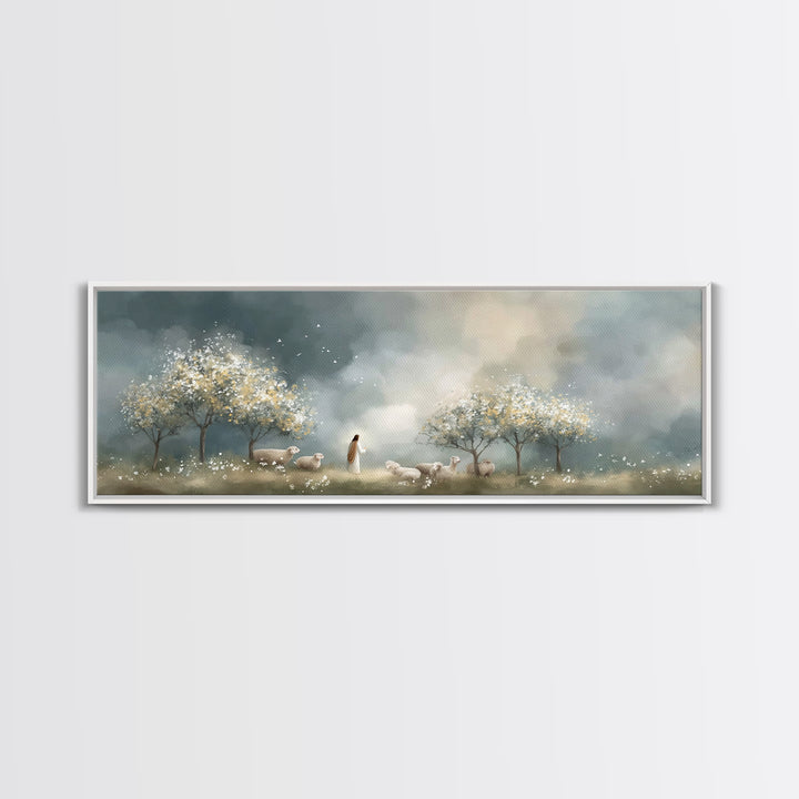 Radiant Shepherd Light – Framed Canvas Print – Christian Art Canvas – Panoramic Painting – Jesus Wall Art – Christian Christmas Art