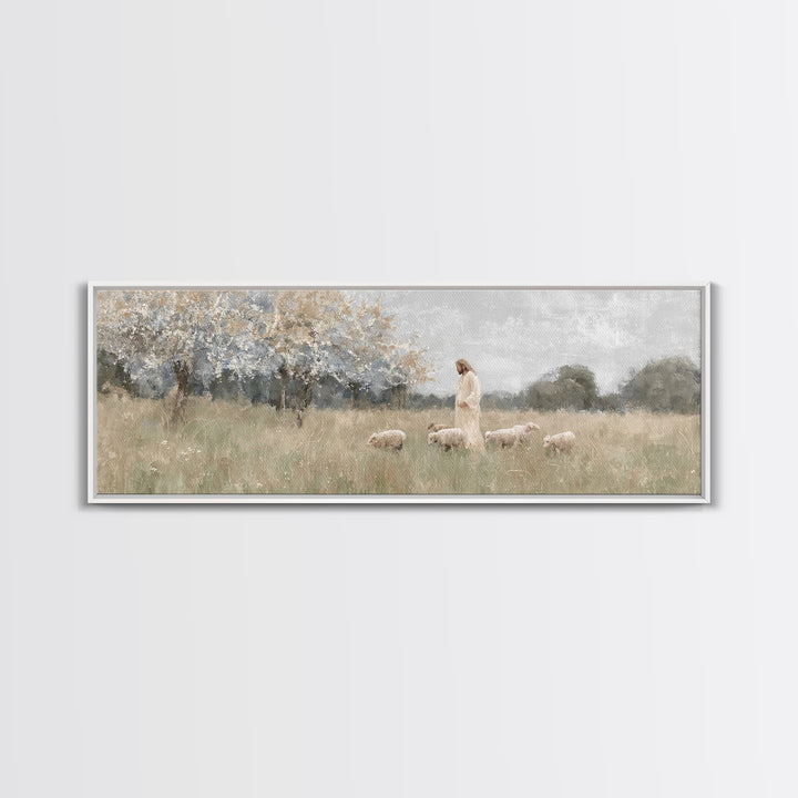 Heavenly Pastures | Framed Canvas Print | Christian Wall Art | Panoramic Art | Jesus Painting | Christian Art Canvas | Christmas Art