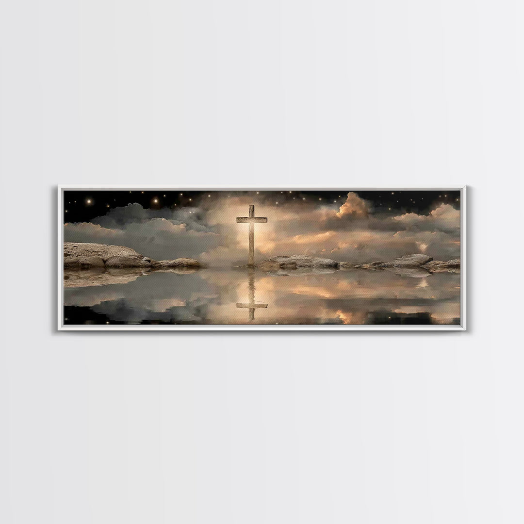 Night Of The Cross – Framed Canvas Print – Panoramic Wall Art – Christian Art Canvas – Christian Painting – Christmas Art – Christian Decor