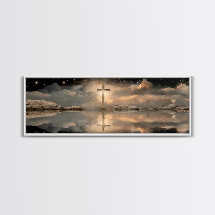 Night Of The Cross – Framed Canvas Print – Panoramic Wall Art – Christian Art Canvas – Christian Painting – Christmas Art – Christian Decor