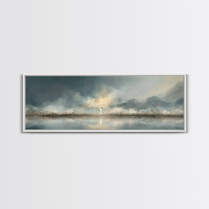 Cross At Horizon | Framed Canvas Print | Panoramic Print | Christian Art Canvas | Christian Wall Art | Minimalist Christian Art | Christmas