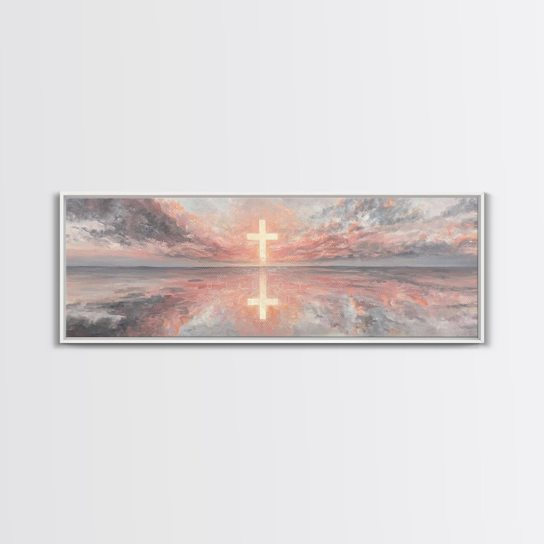 Radiant Cross Sky | Framed Canvas Print | Christian Art Canvas | Panoramic Wall Art | Christian Painting | Christian Decor | Christmas Art