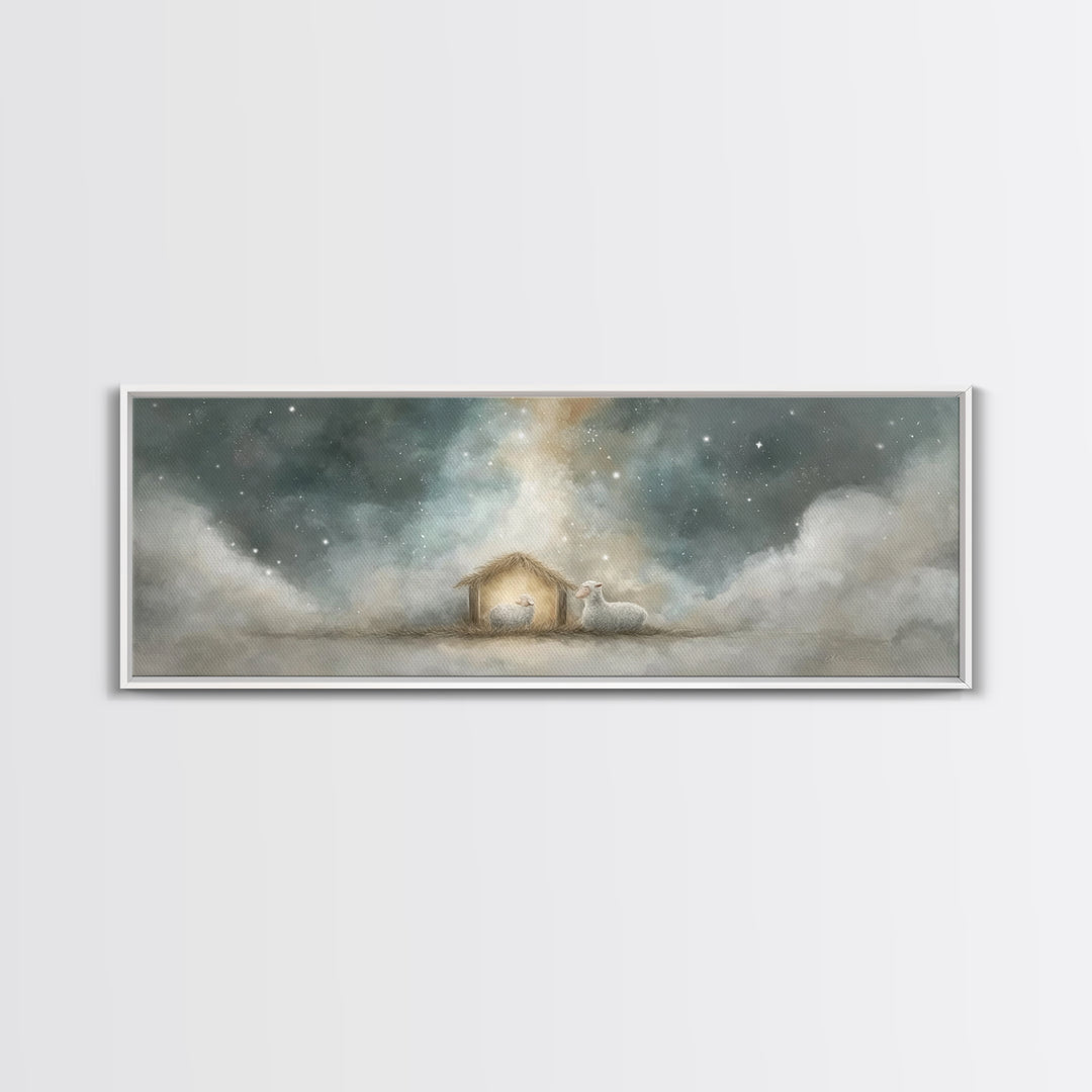 Starry Holy Night, Framed Canvas Print, Christian Wall Art, Panoramic Painting, Christian Christmas Art, Christian Art Print, Jesus Canvas