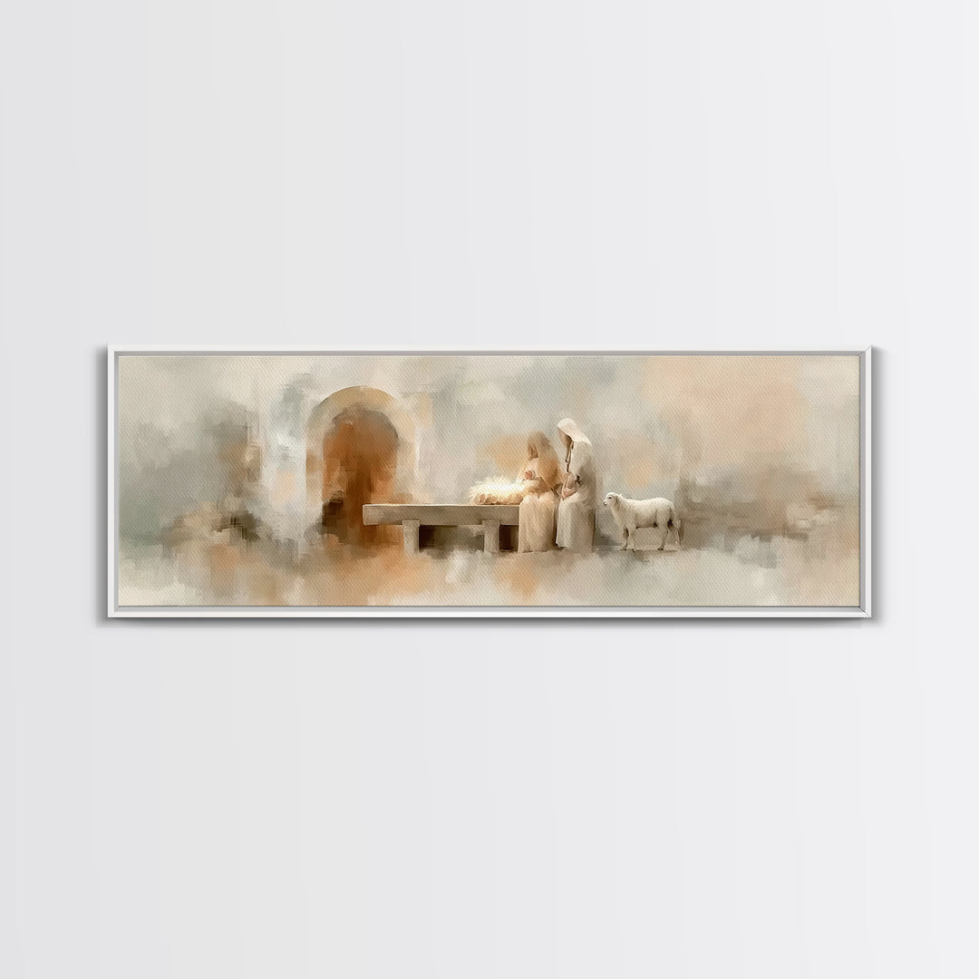 Sacred Manger Light – Framed Canvas Print – Christmas Art – Panoramic Frame – Christian Christmas Decor – Christian Painting – Christian Ar