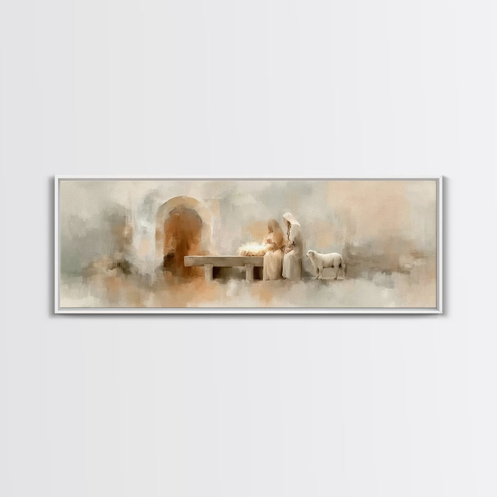 Sacred Manger Light – Framed Canvas Print – Christmas Art – Panoramic Frame – Christian Christmas Decor – Christian Painting – Christian Ar