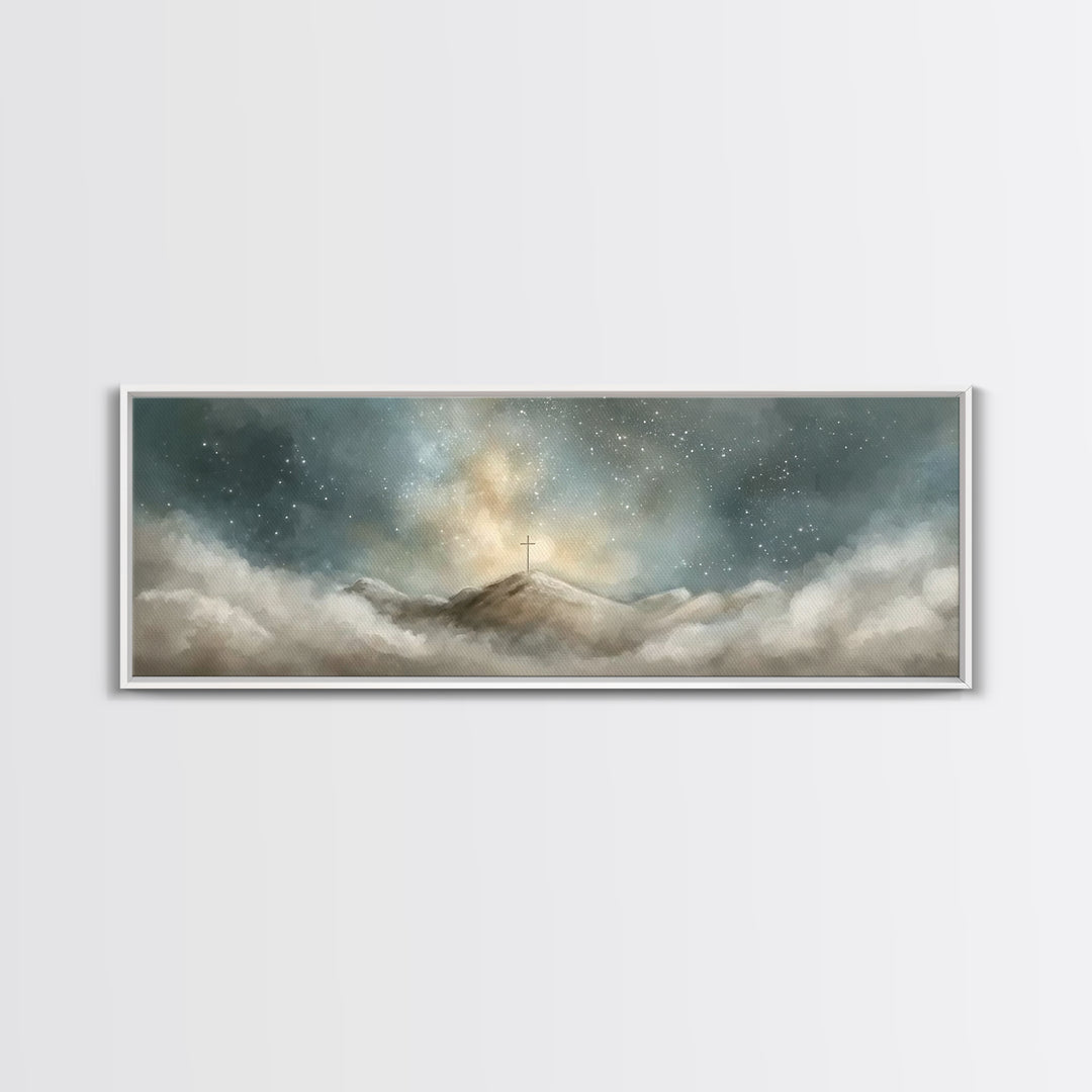 Starlit Redemption | Framed Canvas Print | Christian Wall Art | Jesus Painting | Christian Art Print | Christmas Art | Panoramic Wall Art