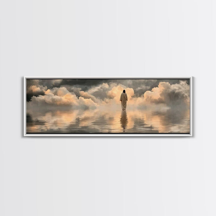 Silent Shore Walk | Framed Canvas Print | Christian Art Print | Panoramic Frame | Jesus Canvas Art | Christian Wall Art