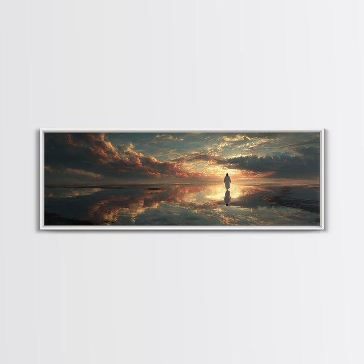 Radiant Horizon Walk, Framed Canvas Print, Jesus Wall Art, Panoramic Art, Christian Art Canvas, Moody Christian Art