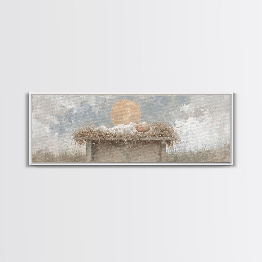 Radiant Manger Peace | Framed Canvas Print | Christian Christmas Art | Christian Wall Art | Christmas Canvas Wall Art | Panoramic Art | Chr