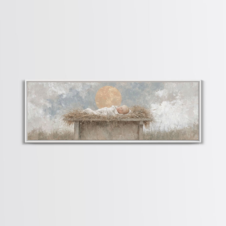 Radiant Manger Peace | Framed Canvas Print | Christian Christmas Art | Christian Wall Art | Christmas Canvas Wall Art | Panoramic Art | Chr
