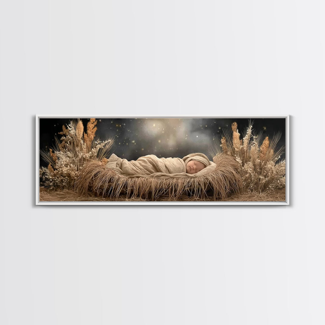 Starry Night Cradle, Framed Canvas Print, Christian Wall Art, Jesus Christmas Art, Christian Art Canvas, Panoramic Painting, Christian Chri