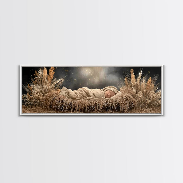 Starry Night Cradle, Framed Canvas Print, Christian Wall Art, Jesus Christmas Art, Christian Art Canvas, Panoramic Painting, Christian Chri