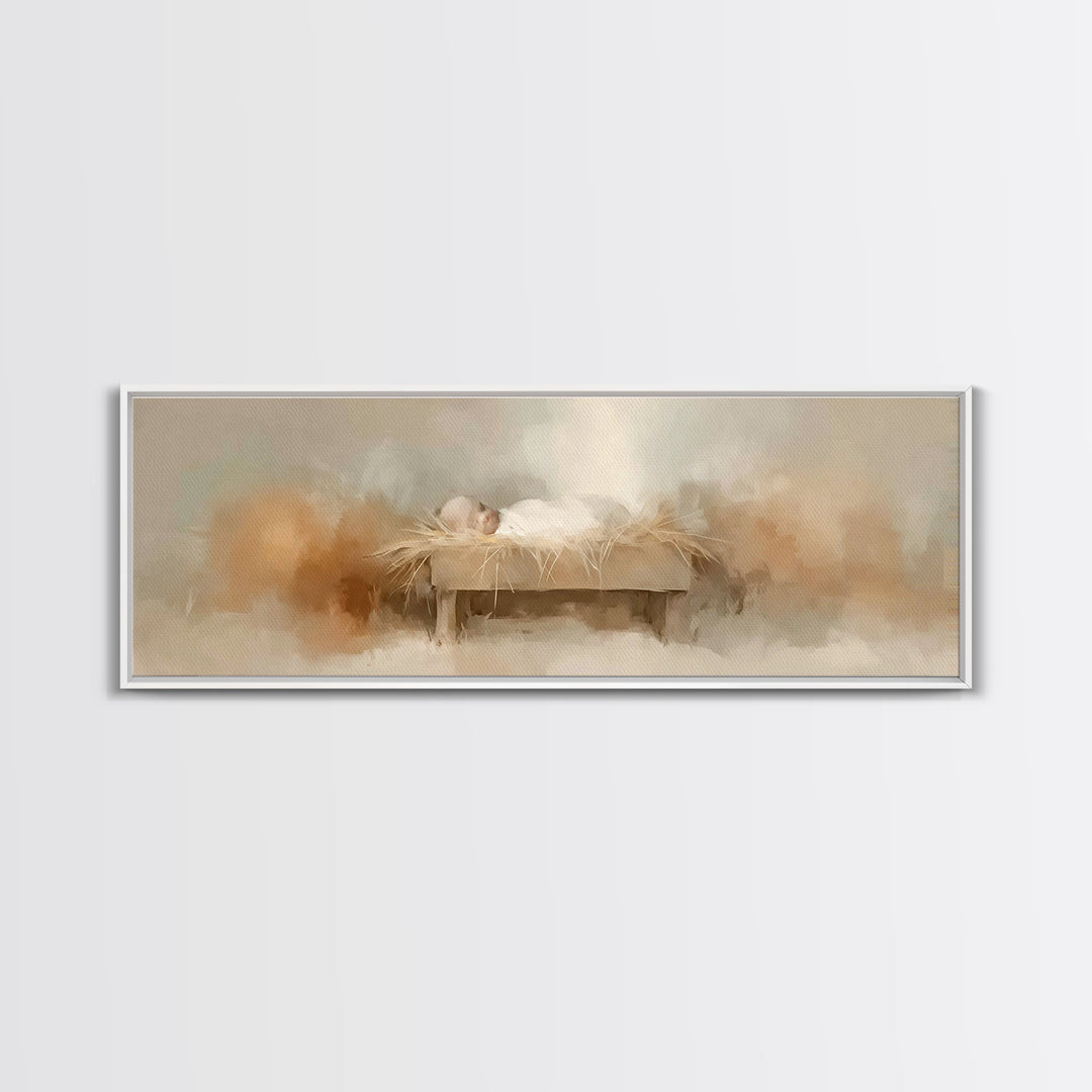 Soft Manger Light – Framed Canvas Print – Christian Wall Art – Panoramic Frame – Christian Christmas Art – Christian Art Canvas – Christmas