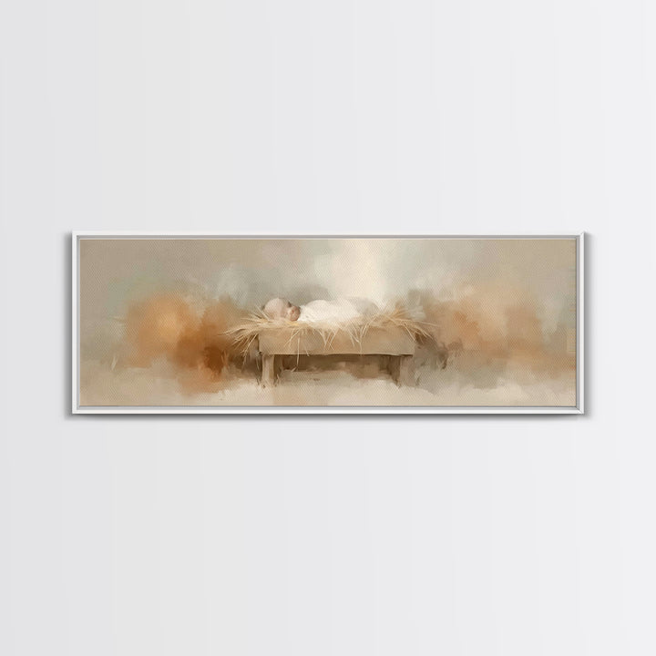 Soft Manger Light – Framed Canvas Print – Christian Wall Art – Panoramic Frame – Christian Christmas Art – Christian Art Canvas – Christmas