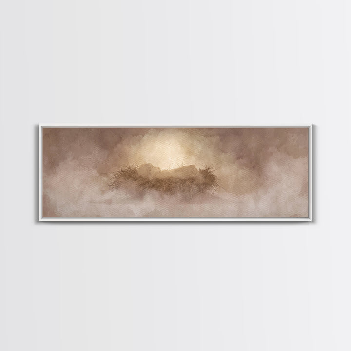 Celestial Manger Mist | Framed Canvas Print | Christian Art | Panoramic Wall Art | Christian Christmas Art | Jesus Art Print | Christmas Ca