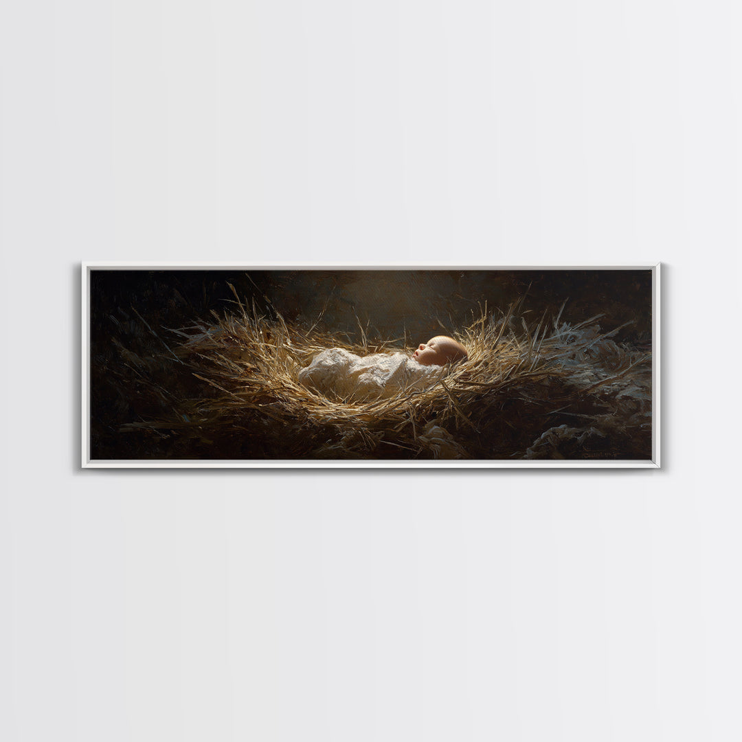 Divine Manger Glow – Framed Canvas Print – Christian Art Canvas – Panoramic Wall Art – Jesus Painting – Christian Christmas Art – Christian