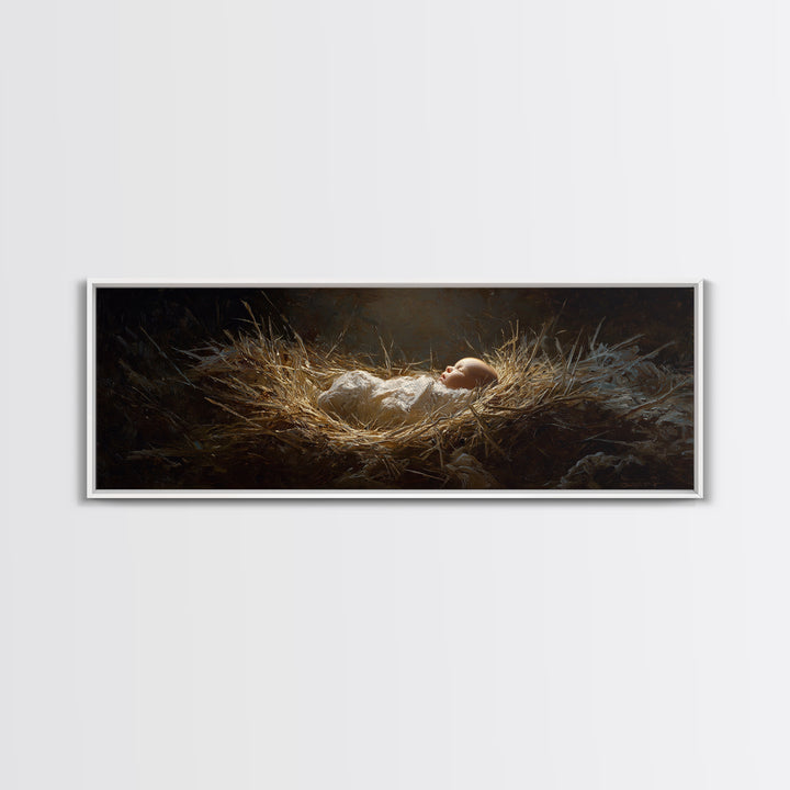 Divine Manger Glow – Framed Canvas Print – Christian Art Canvas – Panoramic Wall Art – Jesus Painting – Christian Christmas Art – Christian