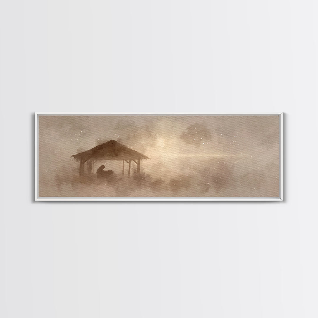 Holy Manger Dawn | Framed Canvas Print | Panoramic Wall Art | Christian Christmas Art | Jesus Art Print | Christian Wall Art | Christmas Ca