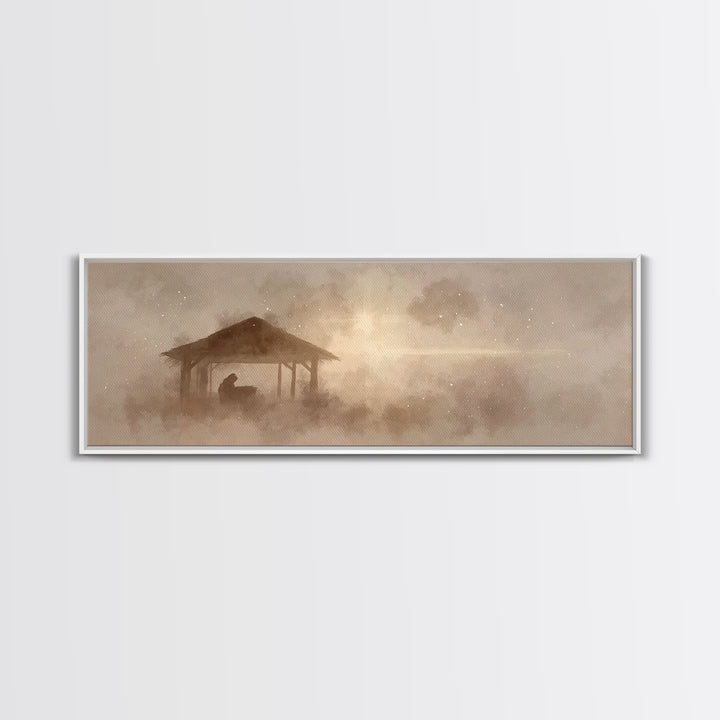 Holy Manger Dawn | Framed Canvas Print | Panoramic Wall Art | Christian Christmas Art | Jesus Art Print | Christian Wall Art | Christmas Ca