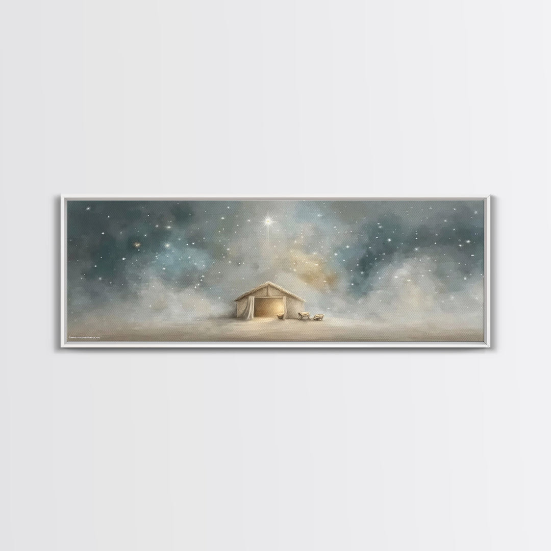 Silent Night Stable, Framed Canvas Print, Panoramic Painting, Christian Wall Art, Christmas Art, Christian Art Canvas, Christian Christmas