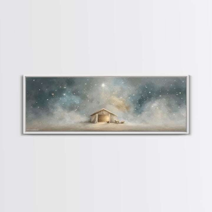 Silent Night Stable, Framed Canvas Print, Panoramic Painting, Christian Wall Art, Christmas Art, Christian Art Canvas, Christian Christmas