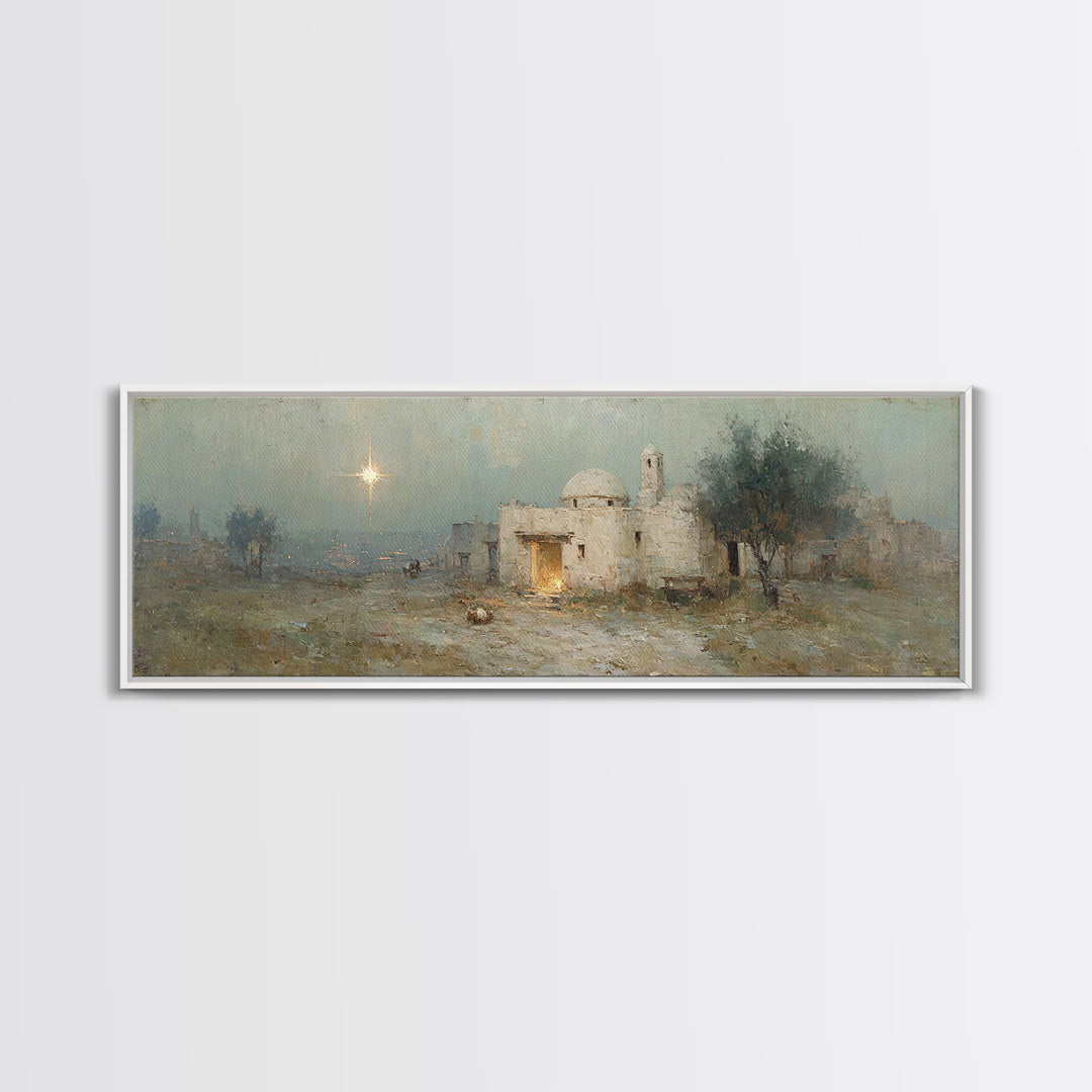 Bethlehem Evening Glow | Framed Canvas Print | Panoramic Painting | Christian Art Canvas | Christmas Wall Art | Christian Christmas Art | C