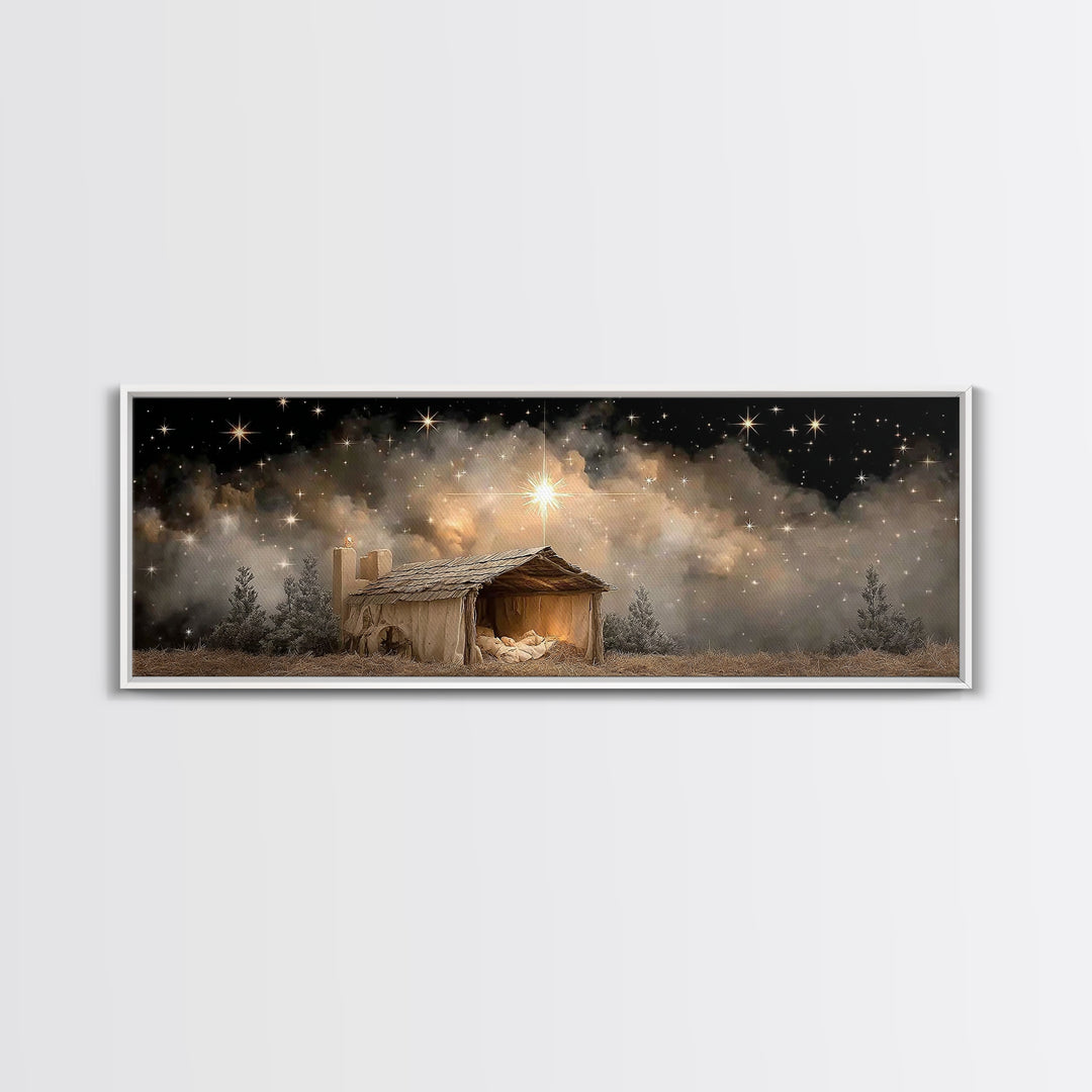 Starry Night Shelter – Framed Canvas Print – Panoramic Wall Art – Christmas Art – Christian Art Canvas – Christian Wall Art – Christian Chr