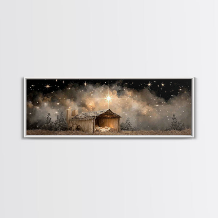 Starry Night Shelter – Framed Canvas Print – Panoramic Wall Art – Christmas Art – Christian Art Canvas – Christian Wall Art – Christian Chr