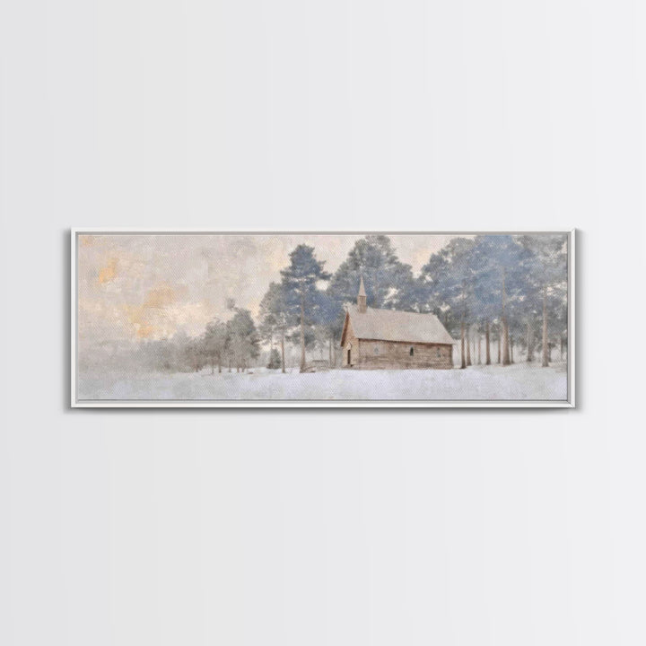 Winter Chapel Peace | Framed Canvas Print | Panoramic Art | Christian Wall Art | Christian Art Canvas | Christmas Art | Christian Christmas