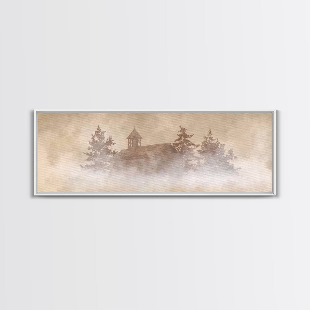 Foggy Chapel Stillness, Framed Canvas Print, Panoramic Frame, Christian Art Canvas, Christmas Art, Christian Wall Art, Christian Christmas
