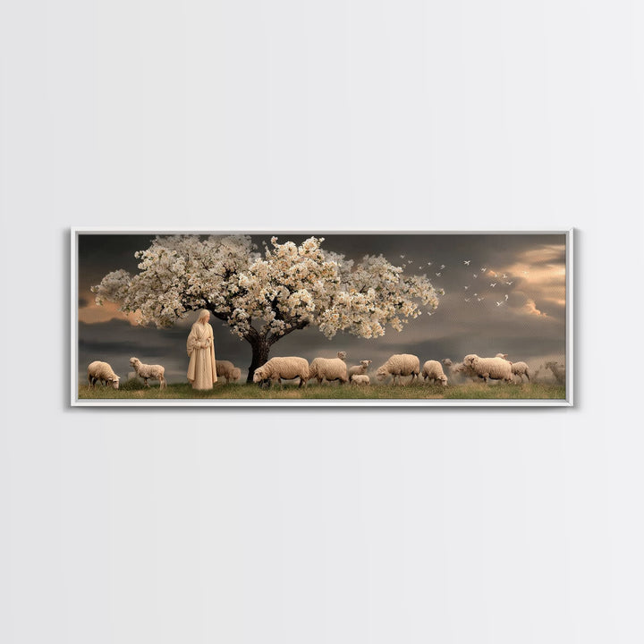 Gentle Orchard Calm, Framed Canvas Print, Christian Wall Art, Panoramic Painting, Jesus Art Print, Christian Christmas Art, Christian Canva
