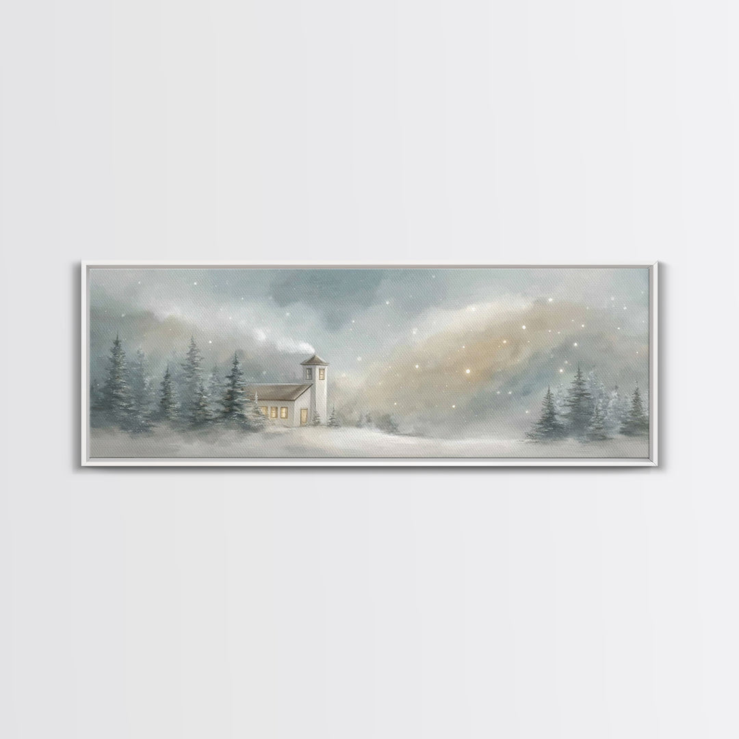 Snowy Chapel Light – Framed Canvas Print – Panoramic Painting – Christian Wall Art – Christmas Art – Christian Art Canvas – Christian Chris