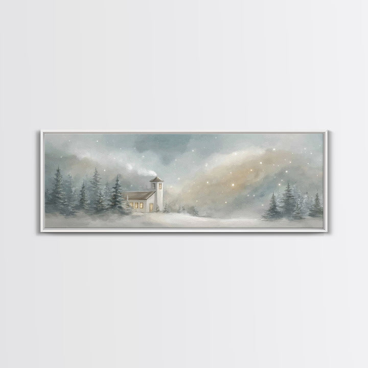 Snowy Chapel Light – Framed Canvas Print – Panoramic Painting – Christian Wall Art – Christmas Art – Christian Art Canvas – Christian Chris