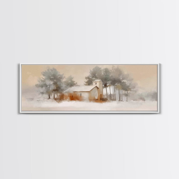 Silent Chapel Glow, Framed Canvas Print, Christian Wall Art, Christmas Canvas Wall Art, Christian Christmas Art, Panoramic Print, Christian