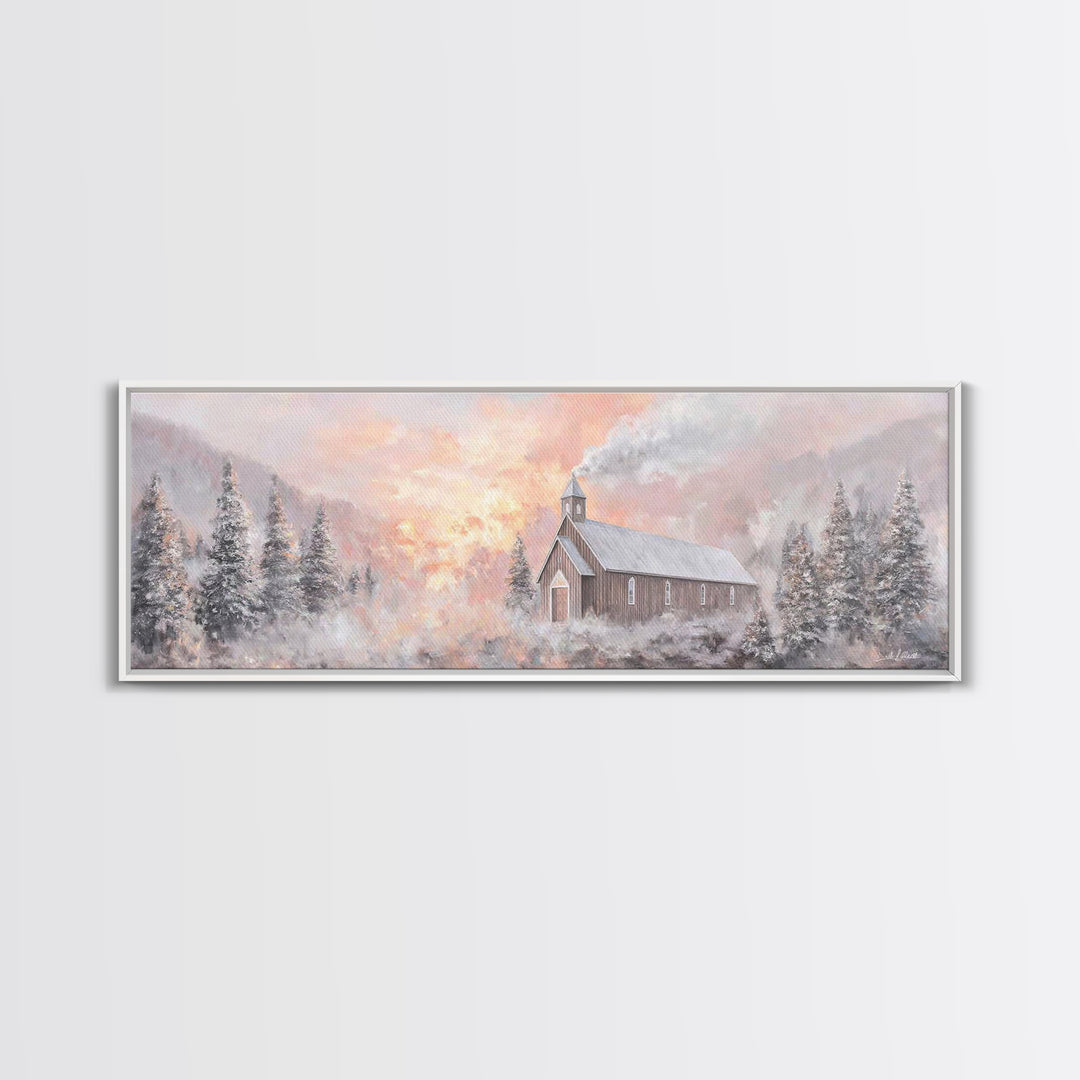 Snowlit Church Dawn | Framed Canvas Print | Christian Wall Art | Christmas Art Work | Christian Christmas Decor | Panoramic Painting | Chri