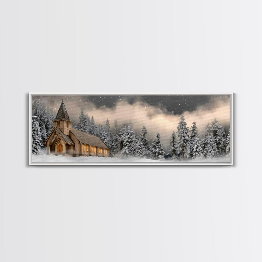 Midnight Chapel Light – Framed Canvas Print – Christian Wall Art – Framed Christmas Art – Christian Christmas Decorations – Panoramic Art –